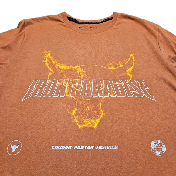 Under Armour Mens T-Shirt Project Rock Iron Paradise Sz S Rust Bull Flame SS22 - Picture 3 of 11